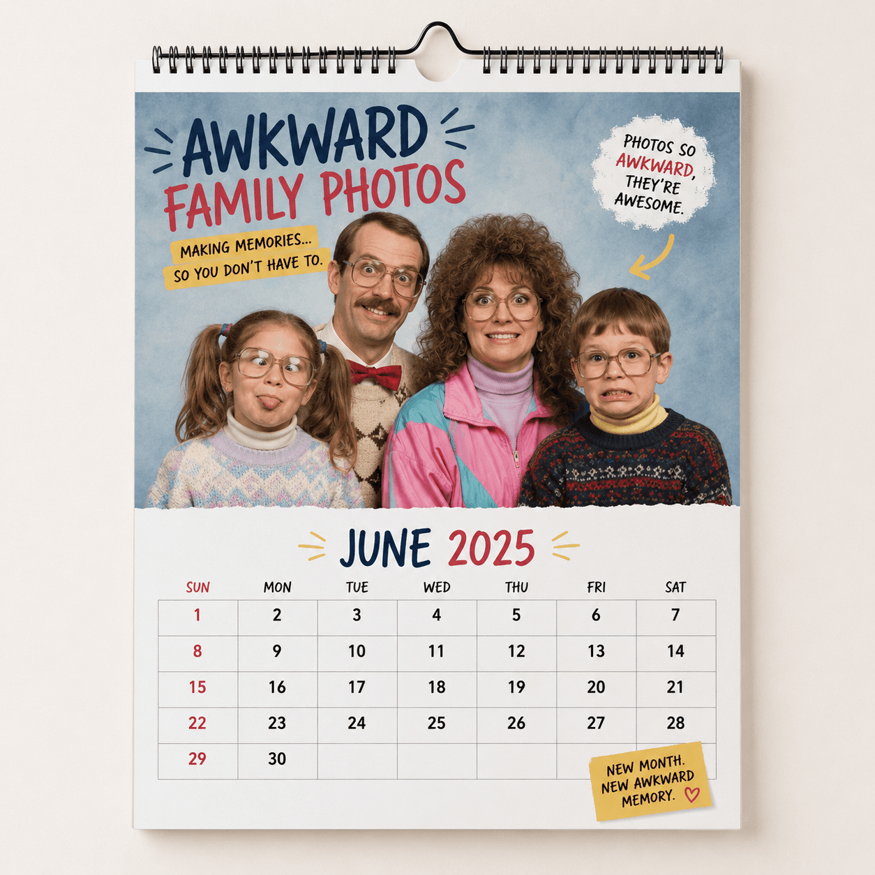 Awkward family photo calendar with funny retro family portrait and monthly calendar grid