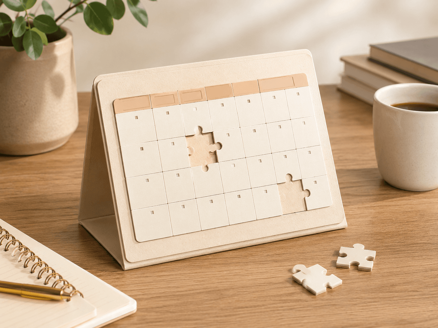 Memory prompt journal on a calm desk with coffee