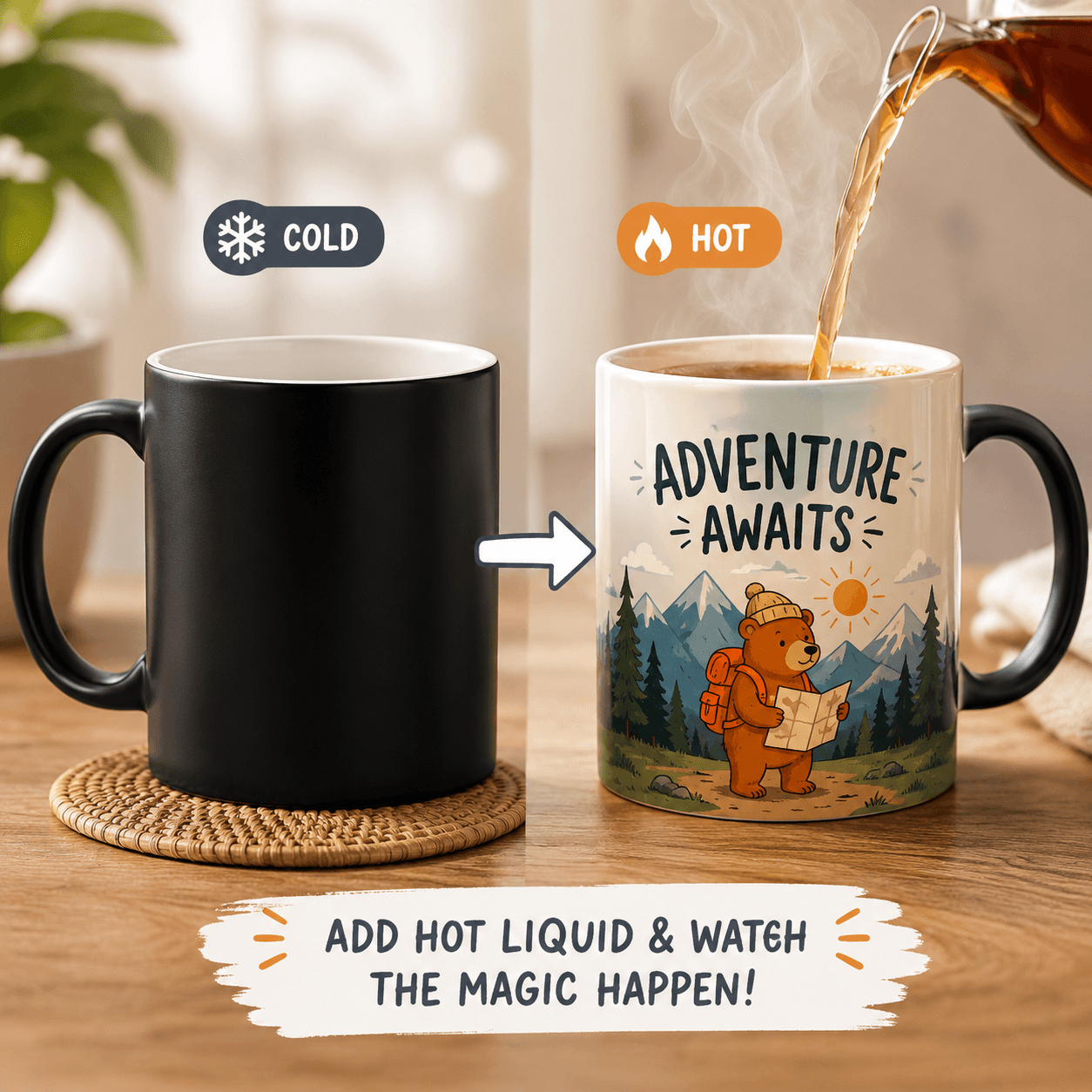 Color-change mug showing cold black state and hot state revealing an illustrated adventure design