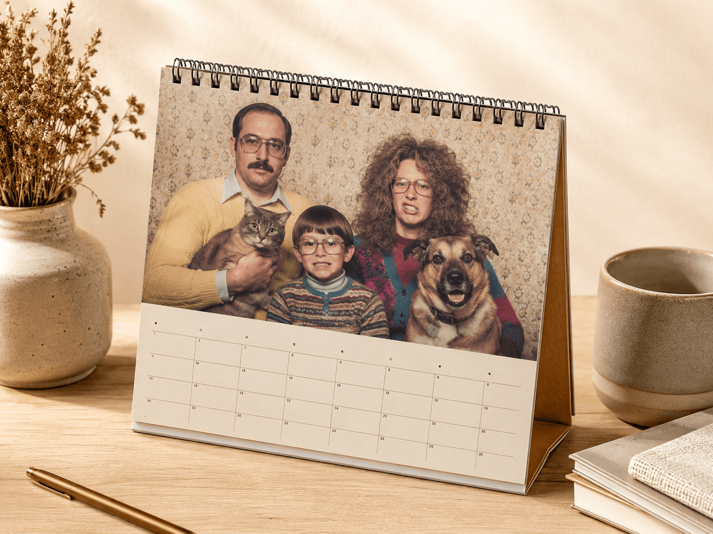 Family photo calendar displayed on a warm home desk