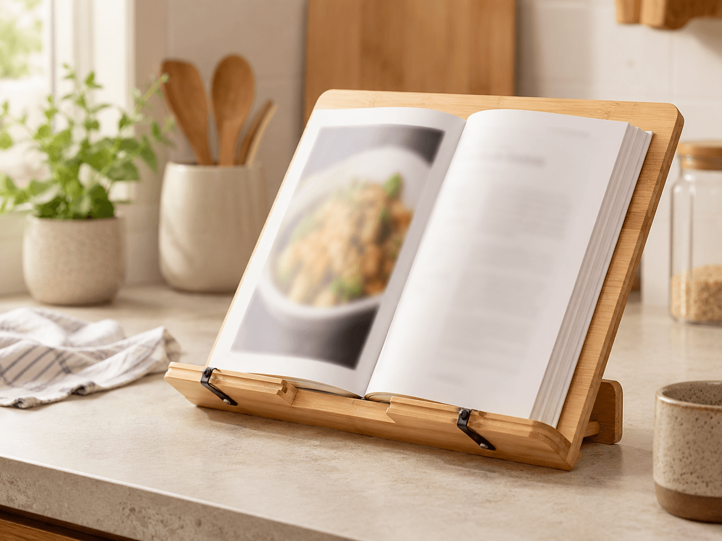 Cookbook stand holding a recipe in a cosy kitchen