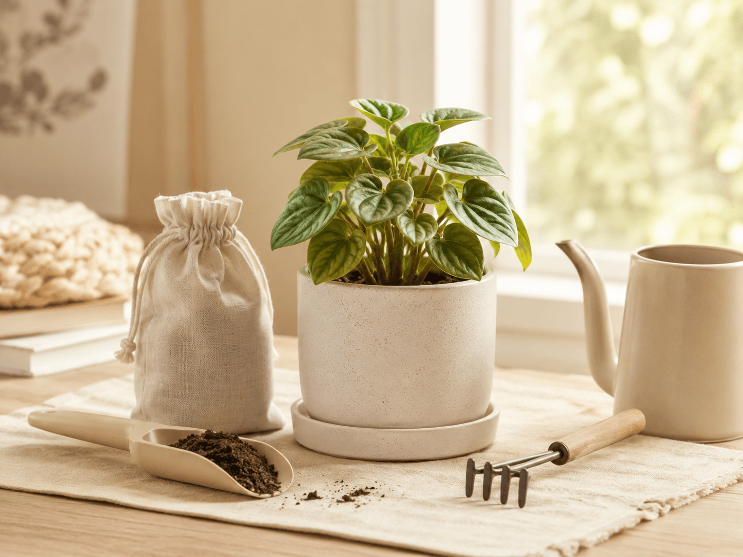 Indoor plant care tools arranged beside a window