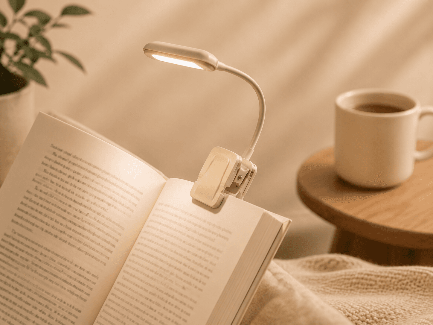 Hands-free reading light in a comfortable reading nook