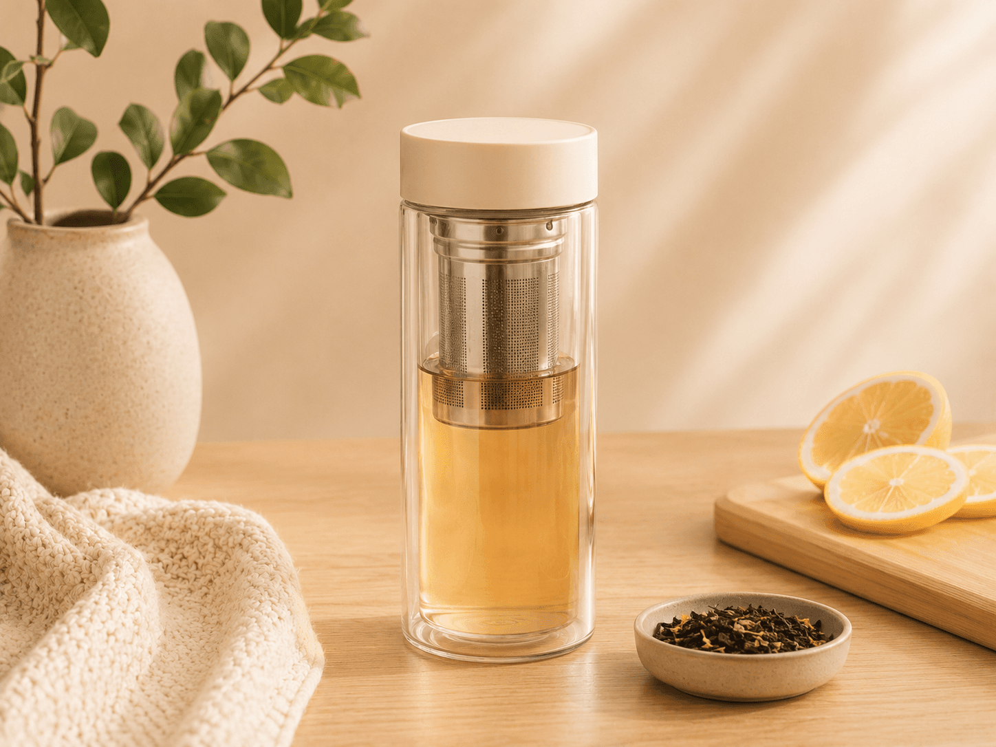 Loose-leaf tea and infuser arranged for a quiet break