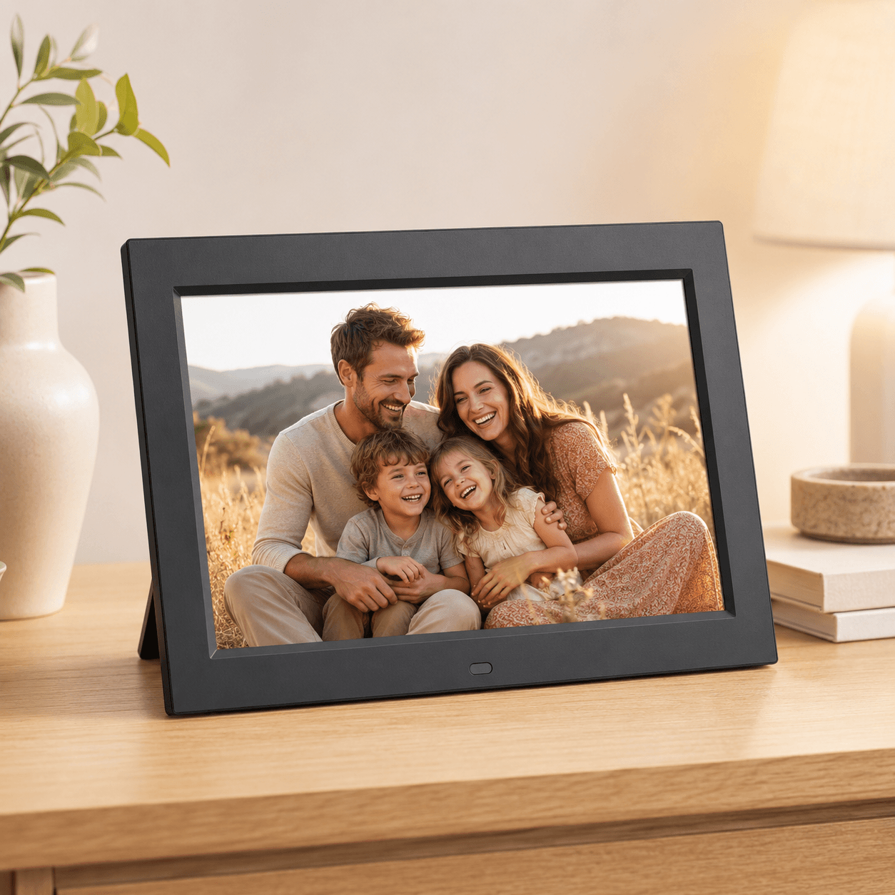 Digital photo frame on a wooden table displaying a family photo