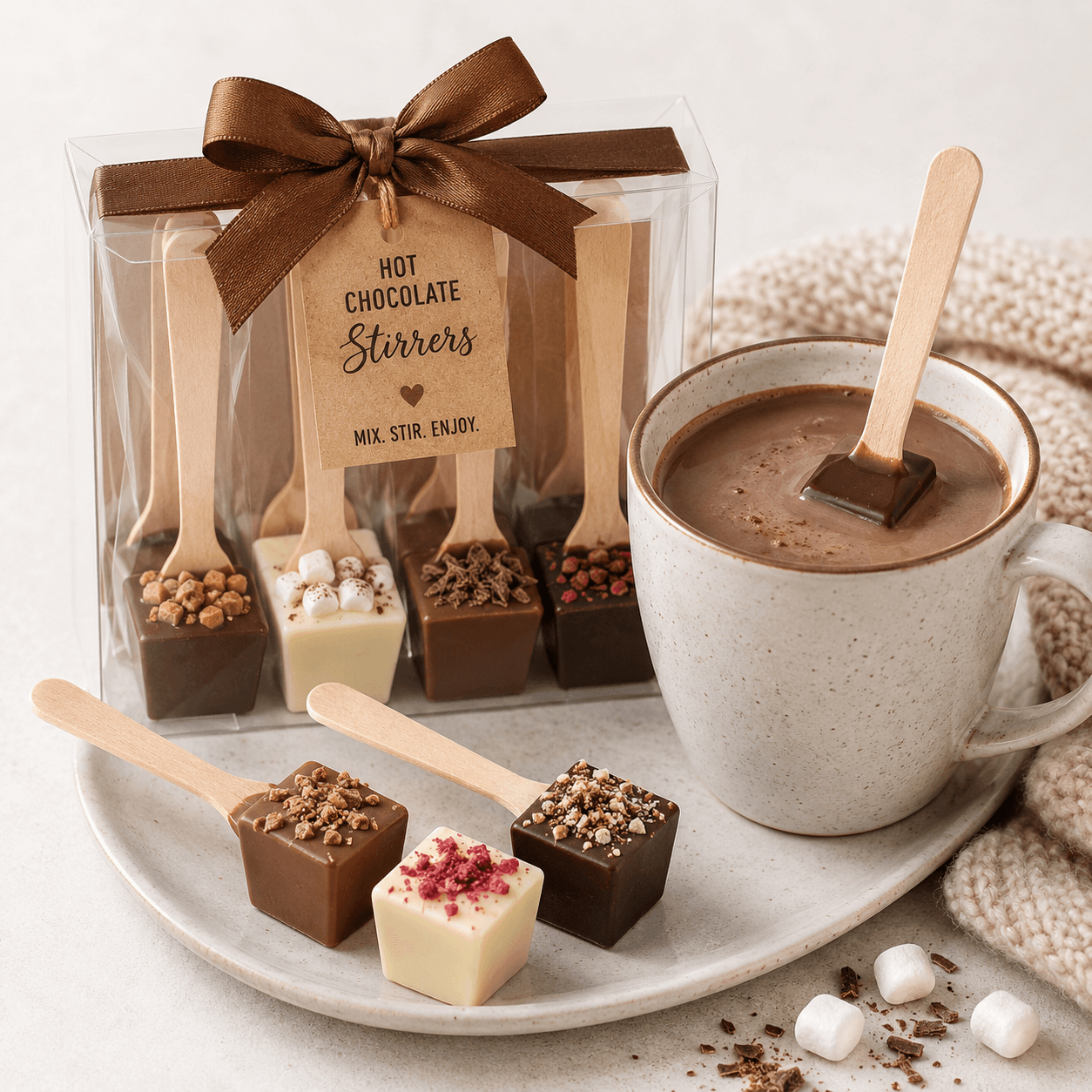Gift set of hot chocolate stirrers with chocolate blocks on wooden sticks beside a mug of hot chocolate