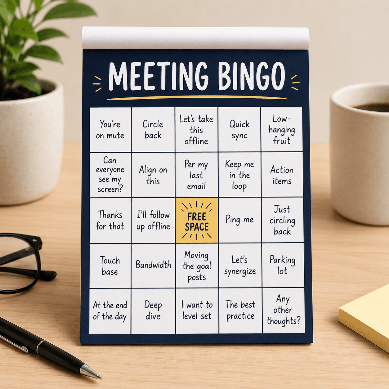 Meeting Bingo novelty notepad with office phrase squares on a desk