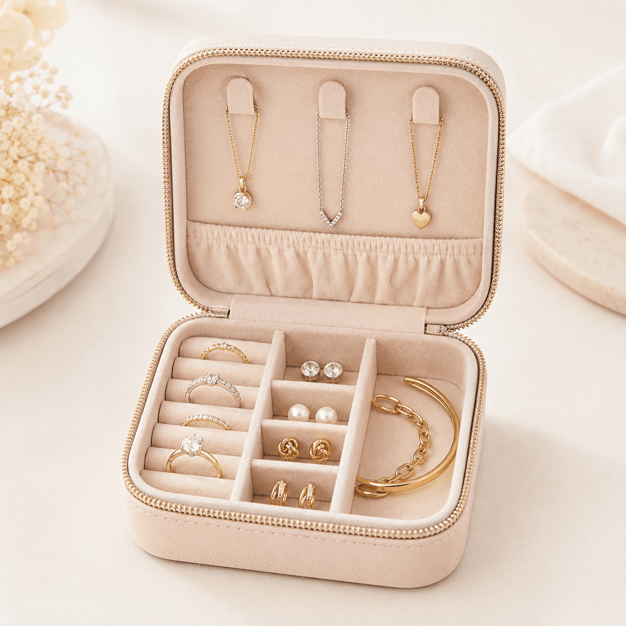 Open zip travel jewellery case with compartments for rings earrings necklaces and bracelets