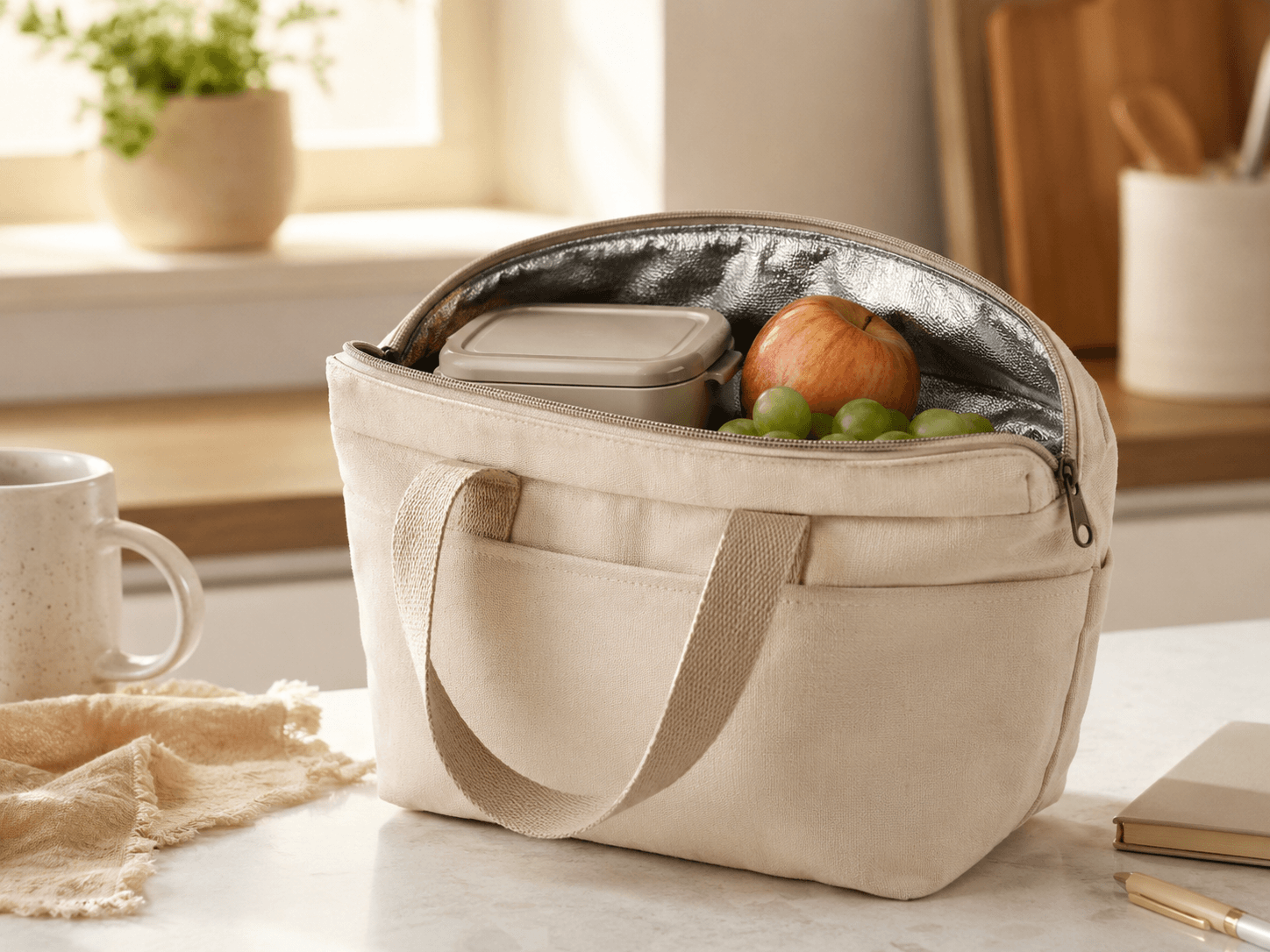 Insulated lunch bag displayed in a bright kitchen