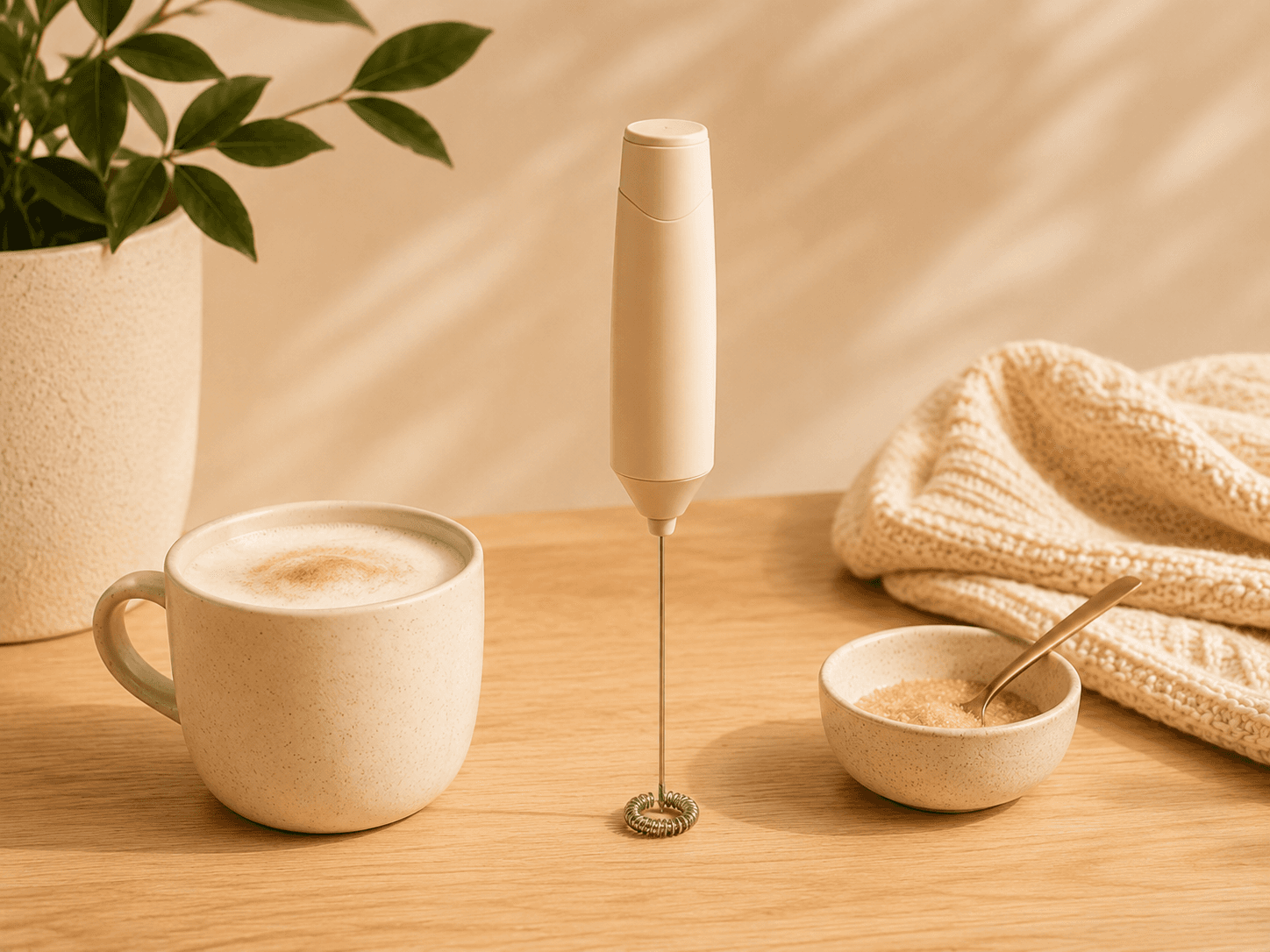 Handheld electric milk frother beside a mug in a warm home coffee setup
