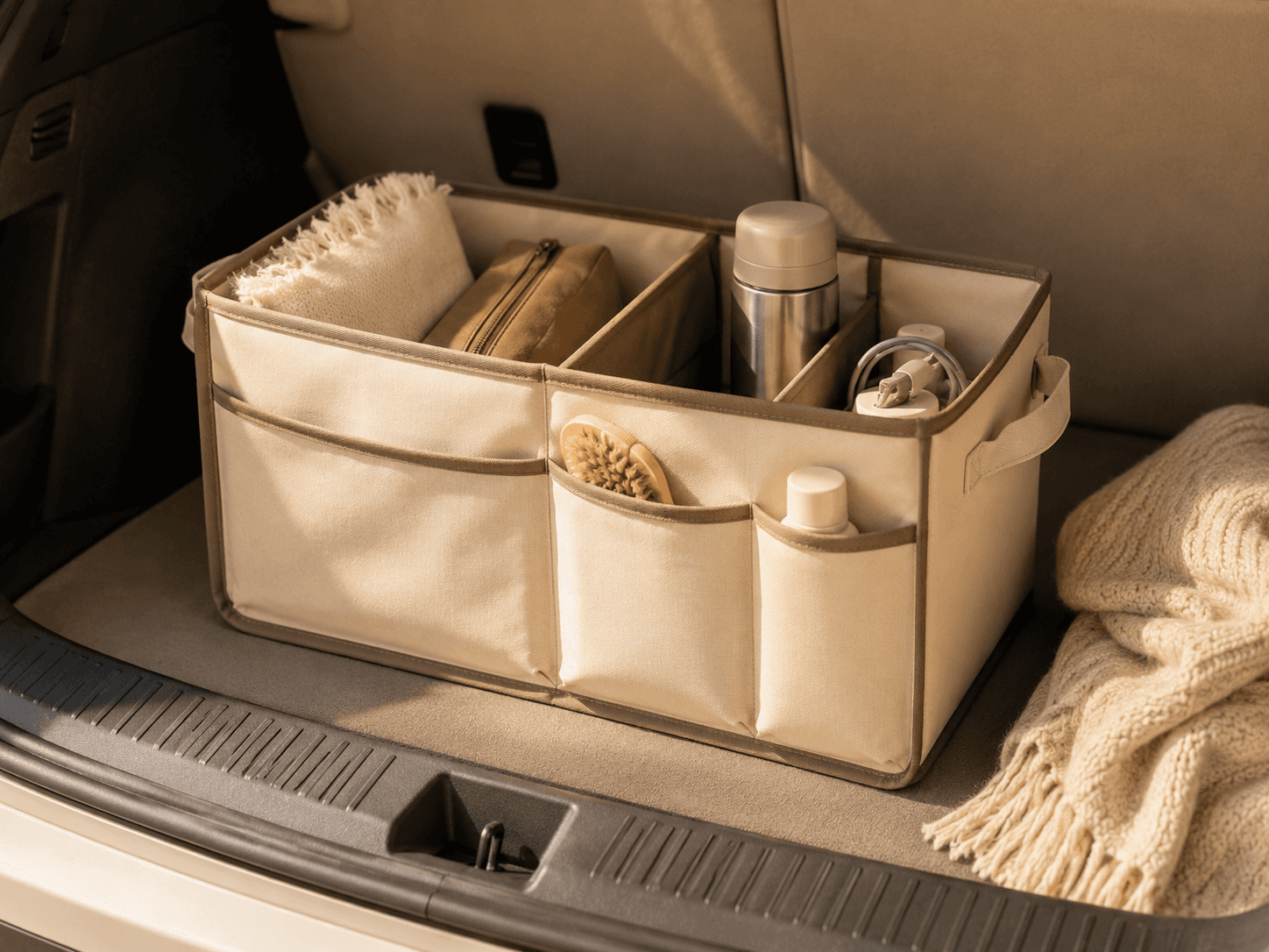 Compact car emergency supplies stored neatly together