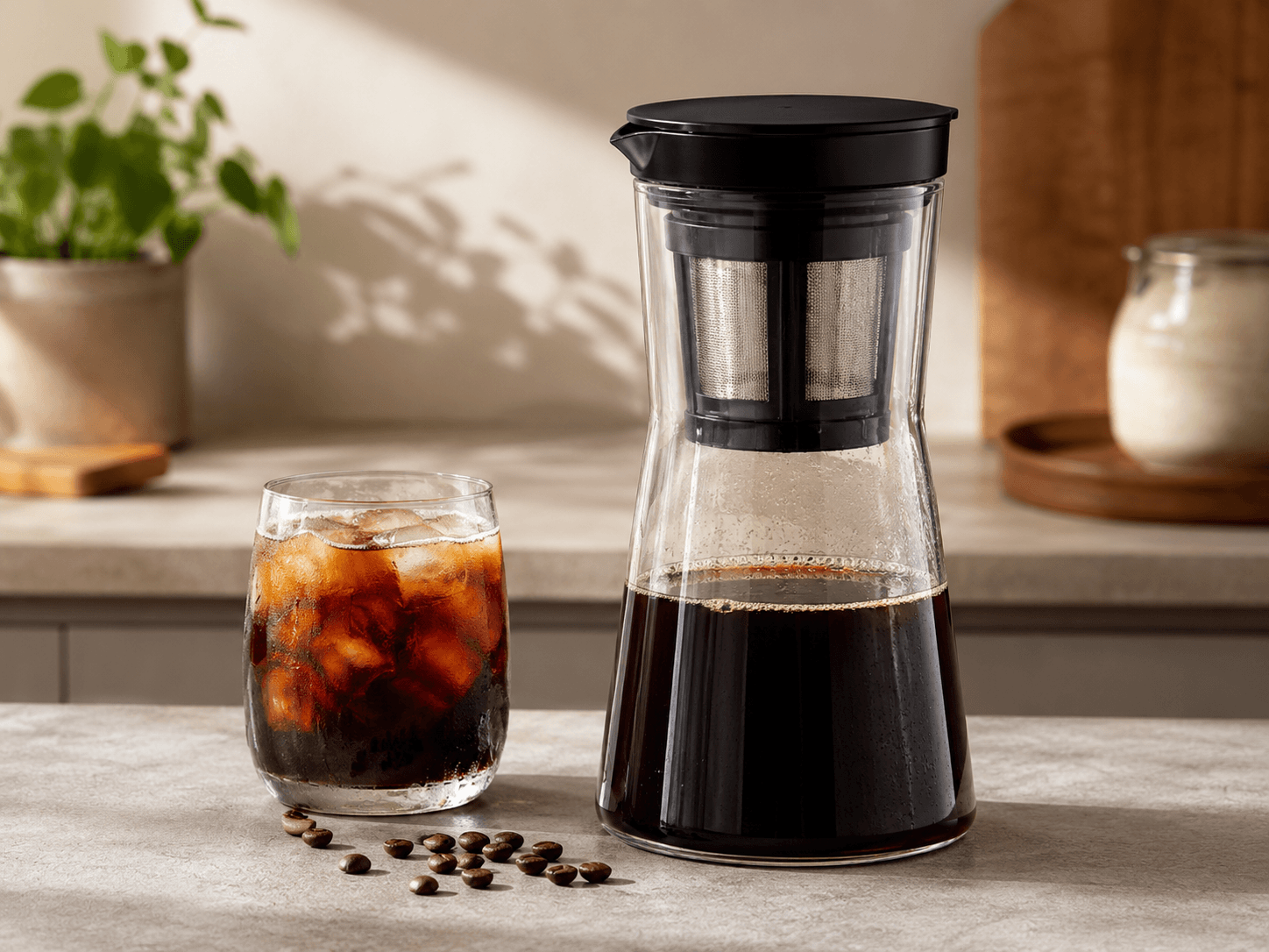 Milk frother beside a warm home coffee setup