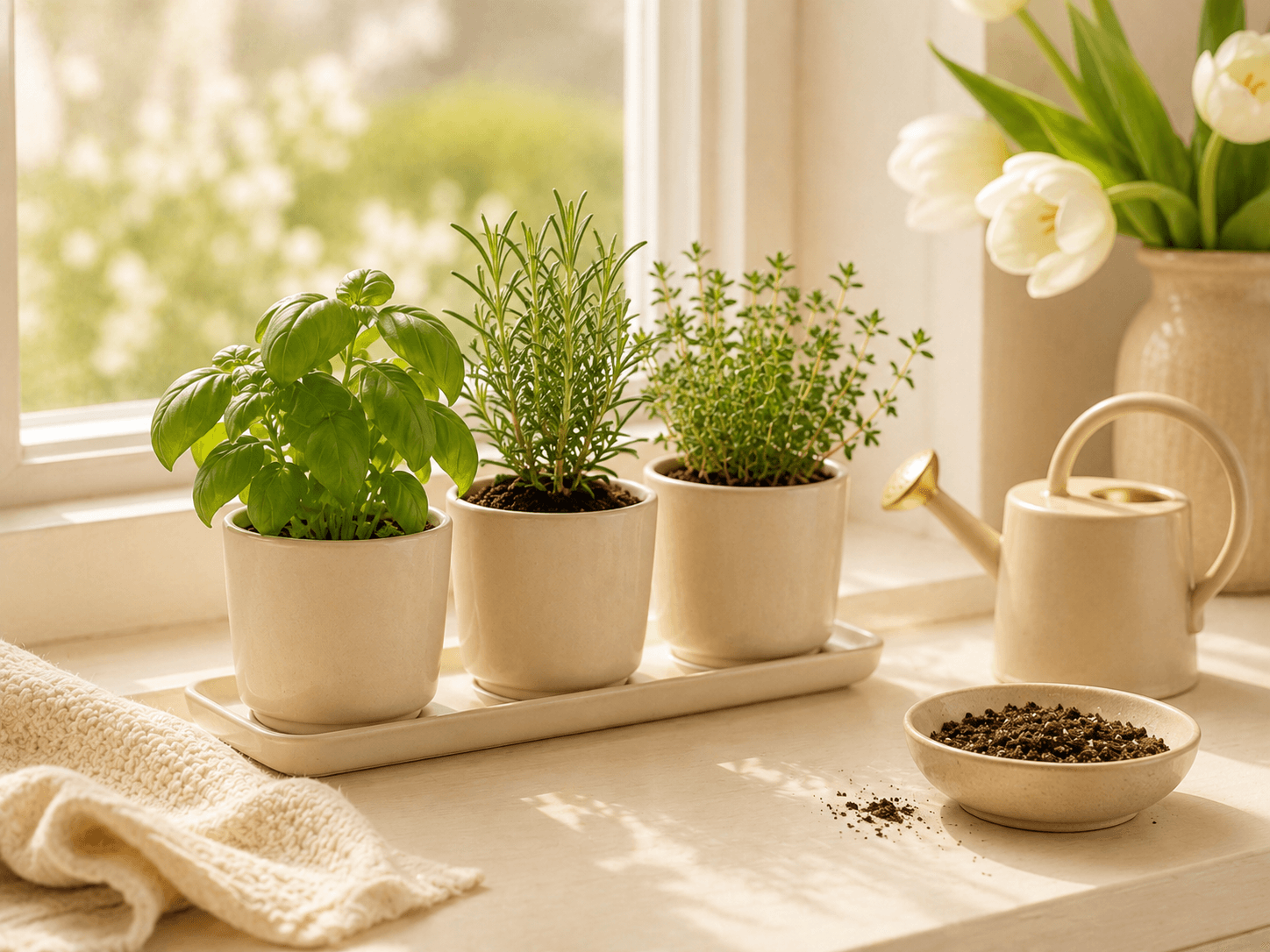 Indoor herb garden kit with three potted herbs and a watering can on a windowsill
