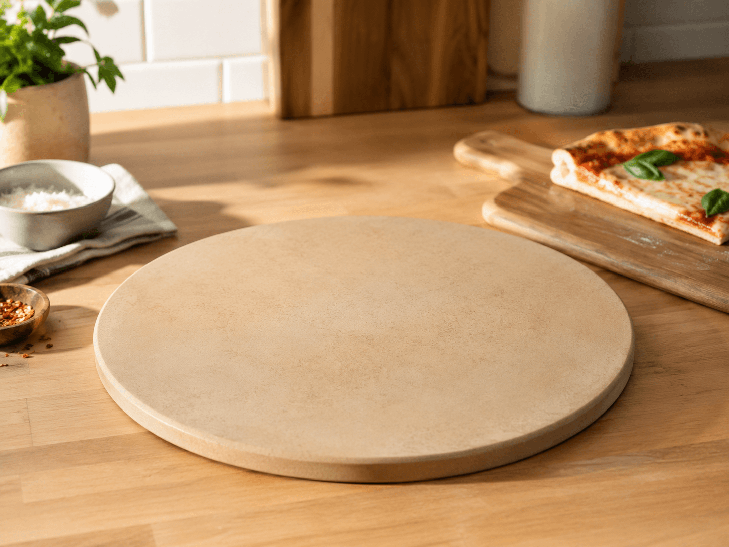 Pizza making tools and ingredients arranged in a kitchen