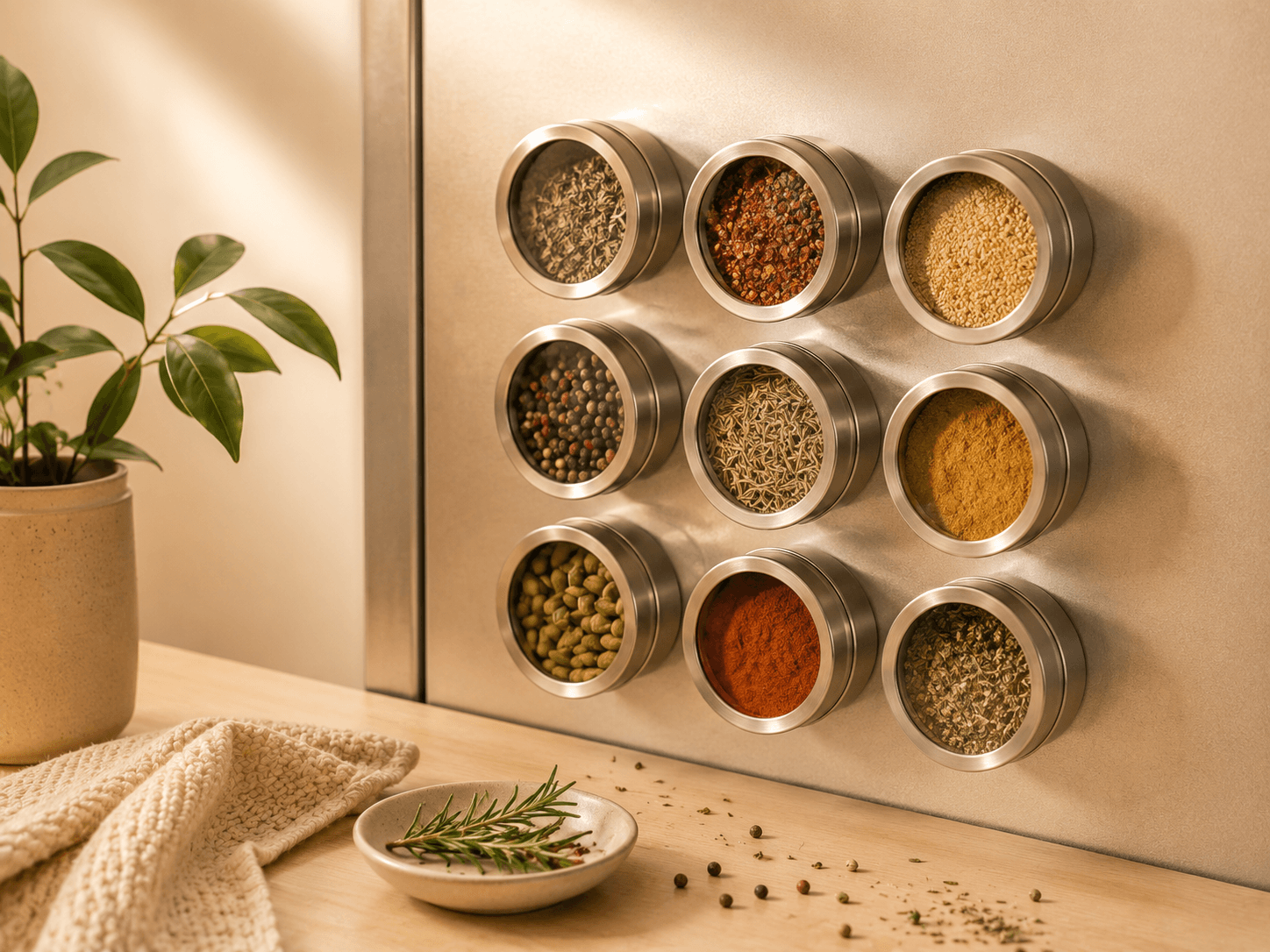 Mini magnetic spice tins arranged beside herbs and wooden kitchen utensils