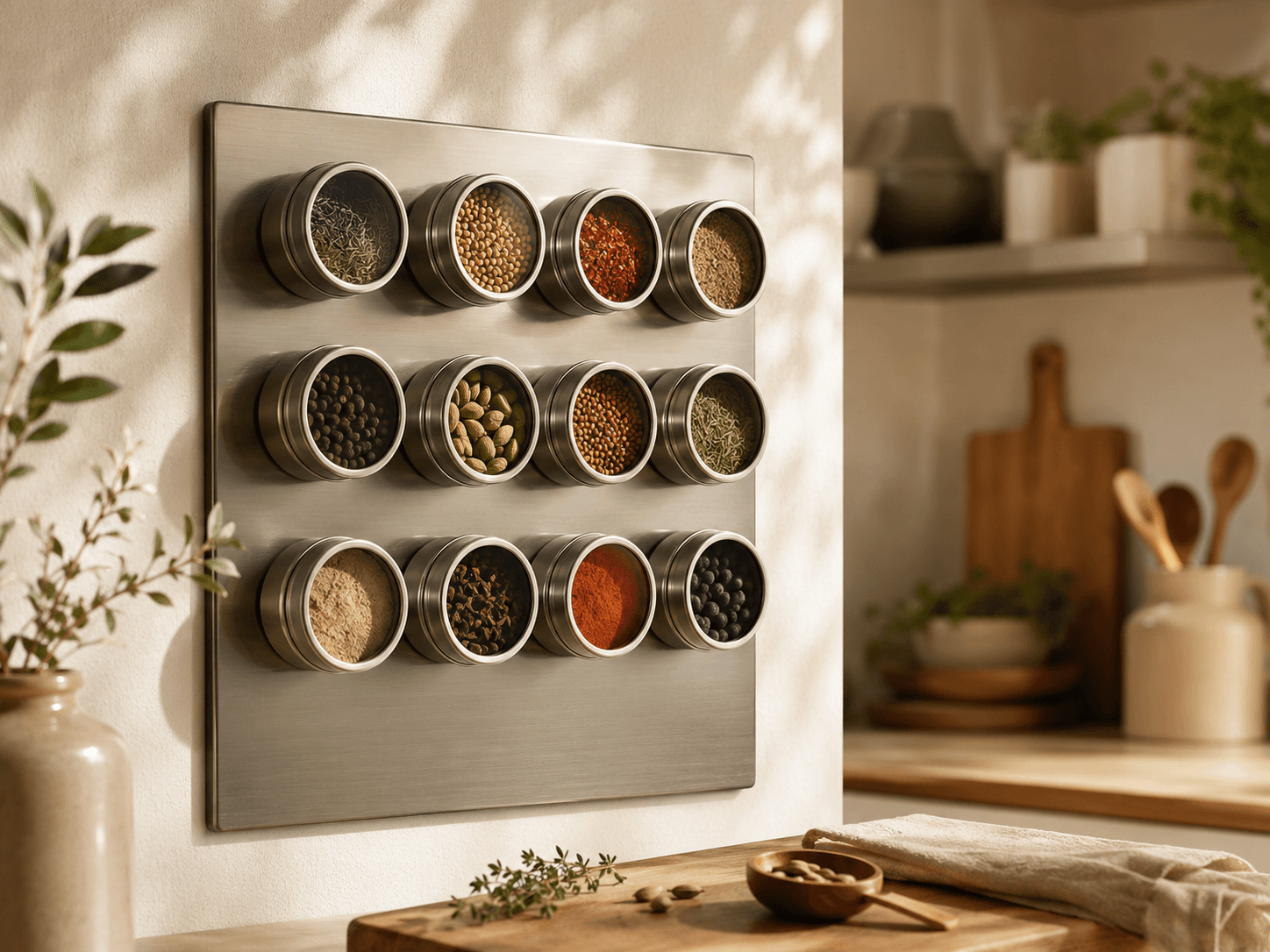 Mini spice tins arranged on a warm kitchen shelf