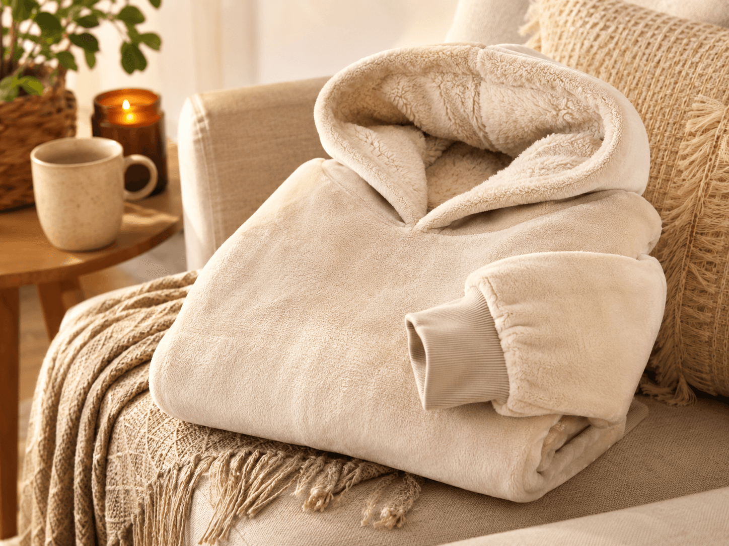 Soft throw blanket arranged in a warm living room