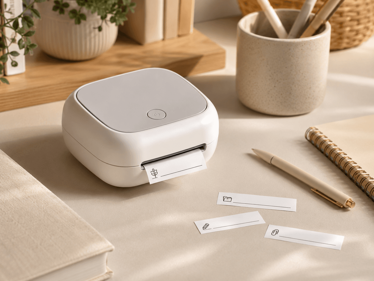 Compact label maker in an organised home workspace