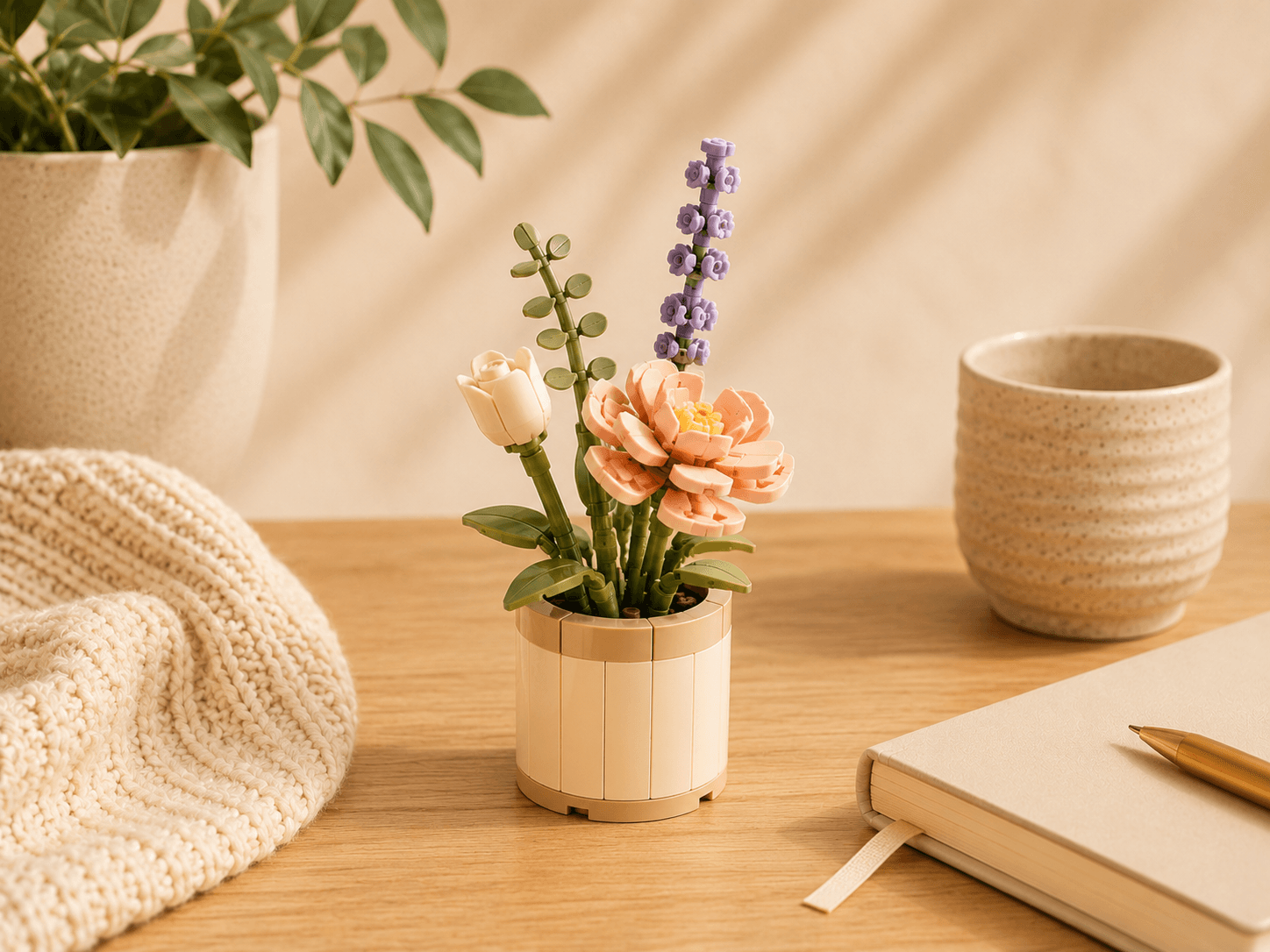 Botanical building set displayed on a cosy tabletop