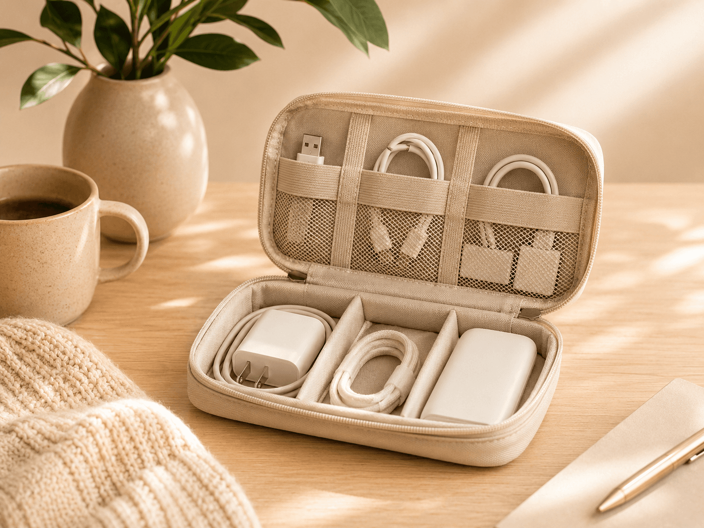 Tech accessories arranged beside a compact organizer pouch