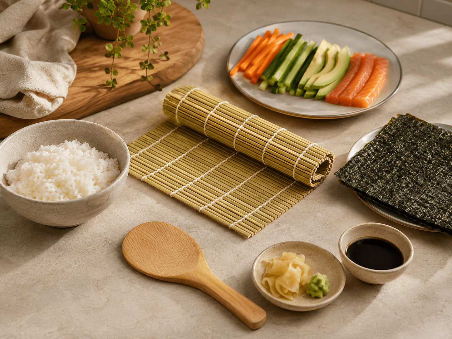 Sushi rolling kit prepared on a kitchen table